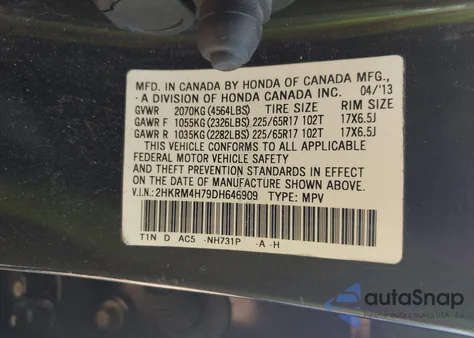 2013 Honda Cr-V Ex-L z USA, uszkodzony, nr VIN 2HKRM4H79DH646909